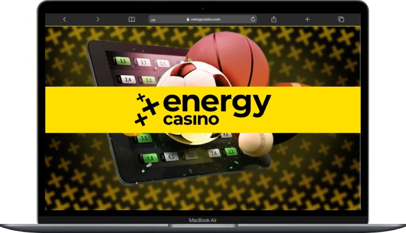 Energy Casino sports betting banner on a laptop with balls and odds board used in the pre match and outrights section