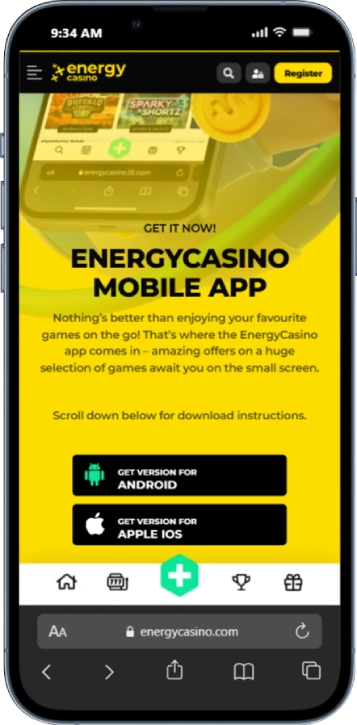 Smartphone displaying the EnergyCasino mobile app promo with download buttons for Android and Apple iOS on a yellow background