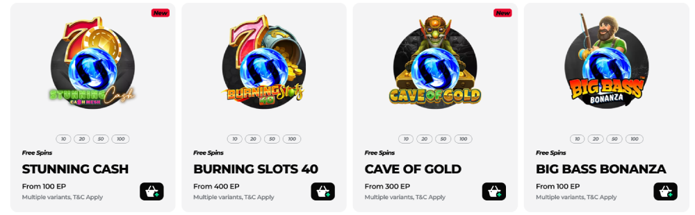 Vier Energy Casino free spins aanbiedingen voor de slots Stunning Cash Burning Slots 40 Cave of Gold en Big Bass Bonanza gericht op spelers uit Nederland